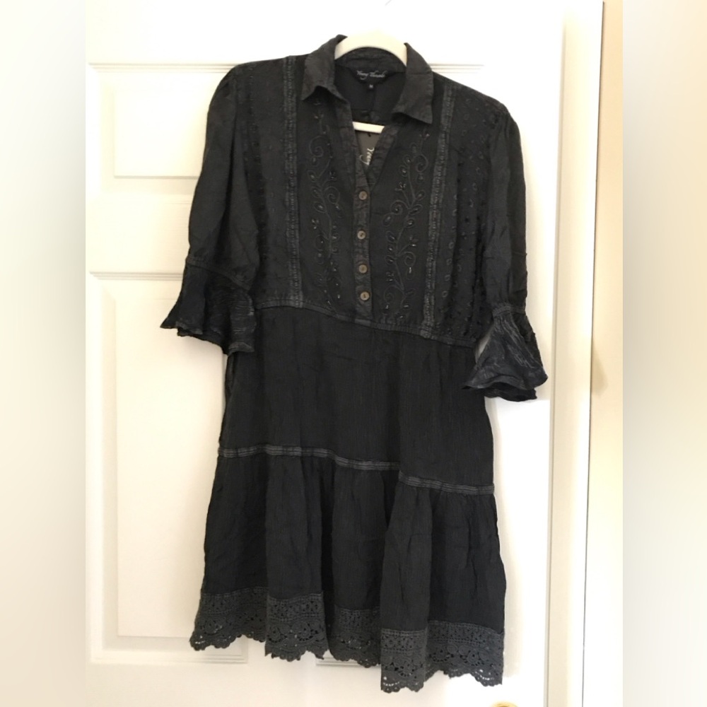 YOUNG THREADS NWT Dress Black Gauze Embroidered Boho Design Size X-large